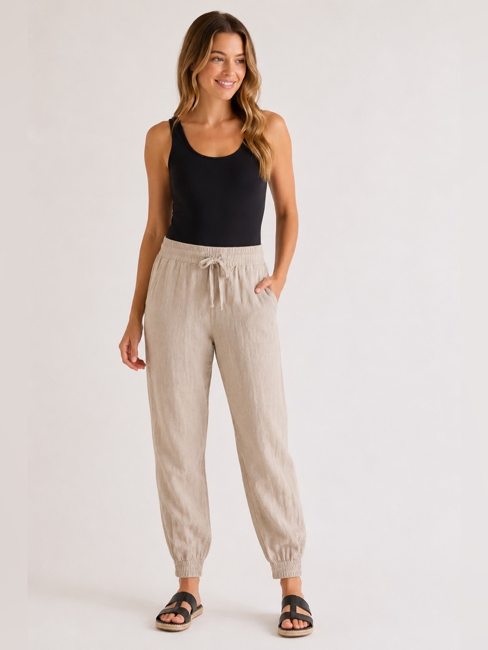 Anthropologie Cloth & Stone Tan 100% Linen Cropped Tie Waist Joggers